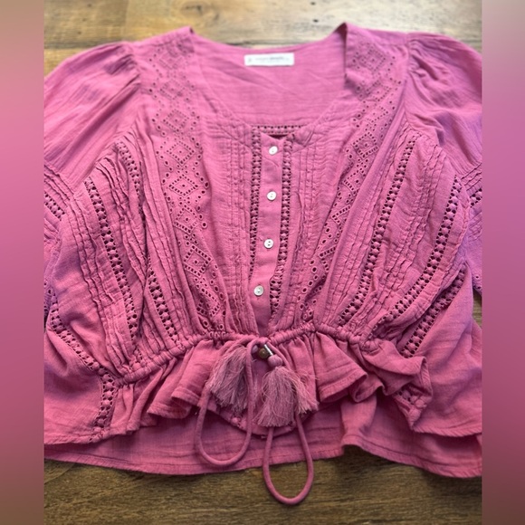 LUCKY BRAND Raspberry Pink Puff Sleeve Blouse with Tassel Tie in the Front Boho - Picture 10 of 12